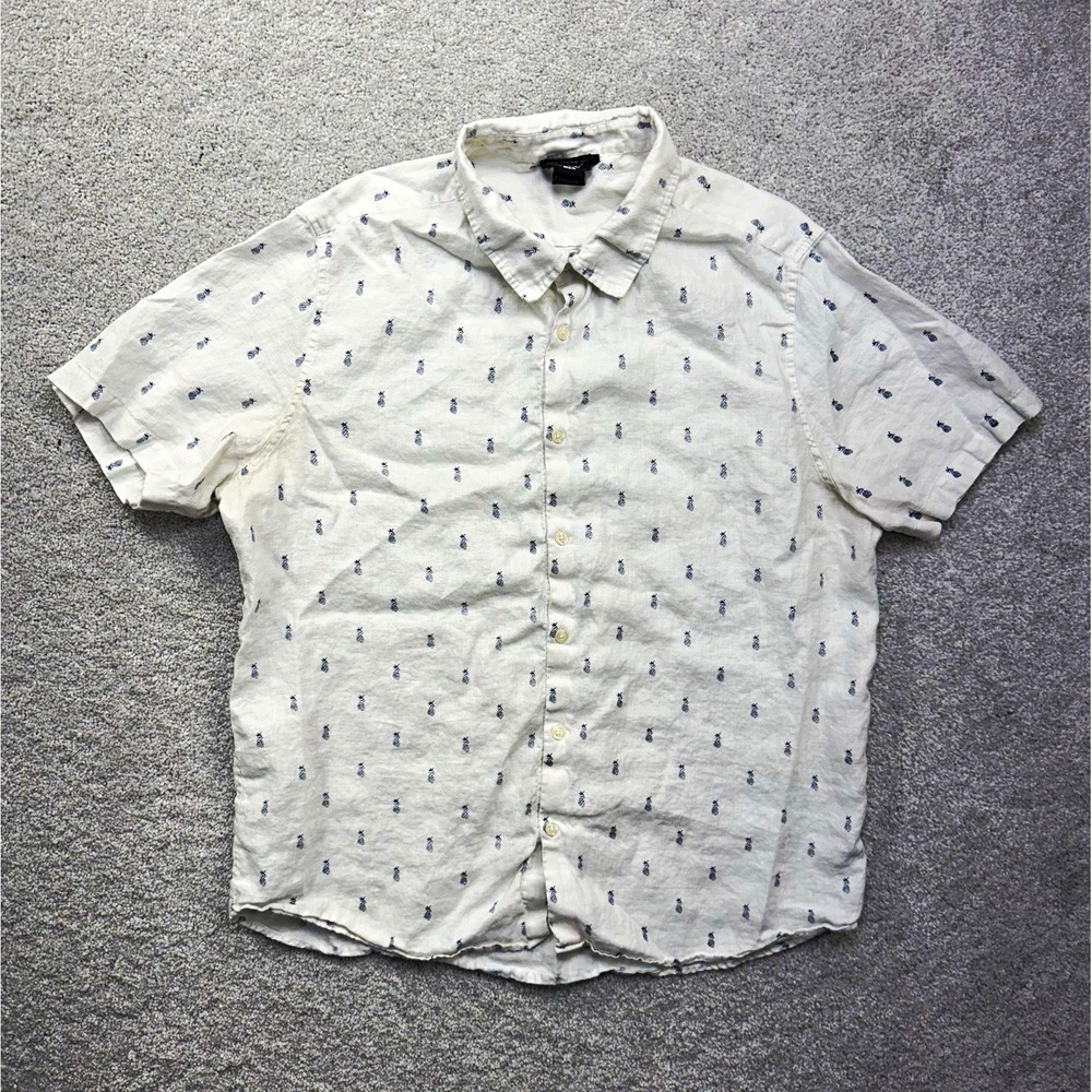 For The Republic Men's XL White Pineapple Print 100% Linen Short Sleeve Shirt